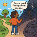 Cartoon of a person at a fork in the road, ignoring a bright and sunny path while looking down a dark and treacherous path and confidently saying "I have a good feeling about this one!"