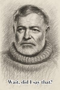 Sketched portrait of Ernest Hemingway, with the words "Wait, did I say that?" at the bottom.