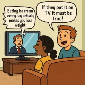 Cartoon of two people watching television where a reporter is saying "Eating ice cream every day actually makes you lose weight." One of the people on the couch is saying "If they put it on TV it must be true!"
