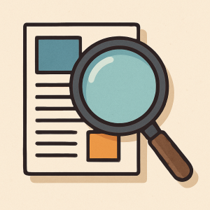 Illustration of a magnifying glass over a document.