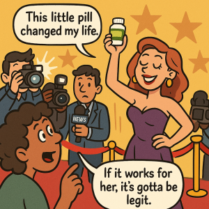 Cartoon of a Hollywood actress on the red carpet holding a medicine bottle and saying "This little pill changed my life" while an onlooking fan says "If it works for her, it's gotta be legit."