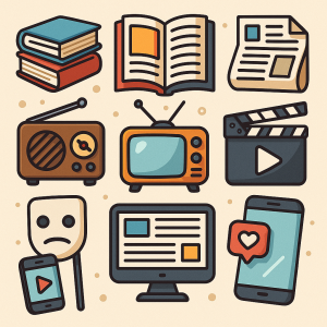 Illustration of various images representing communication (like a radio, a television, and a smart phone).