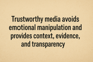 Trustworthy media avoids emotional manipulation and provides context, evidence, and transparency.