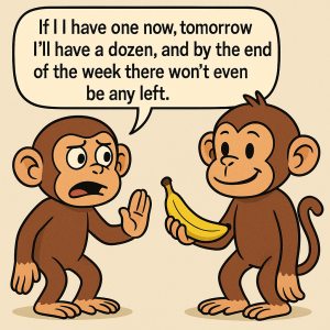 Cartoon of a monkey offering a banana to another reluctant looking monkey who is holding his hand up and saying "If I have one now, tomorrow I'll have a dozen, and by the end of the week there won't even be any left."