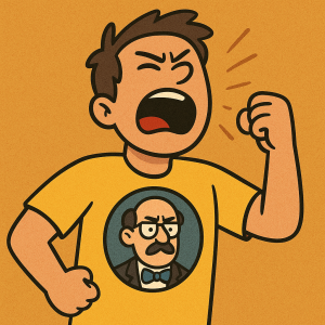 Cartoon of a man yelling and wearing a shirt with an authority figure on it.