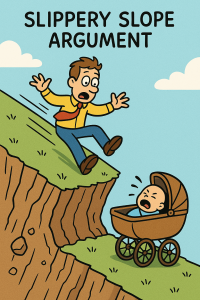 Cartoon of a shocked looking man sliding down a hill who is about to run into a crying baby in a carriage.