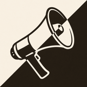 Illustration of a black and white megaphone.