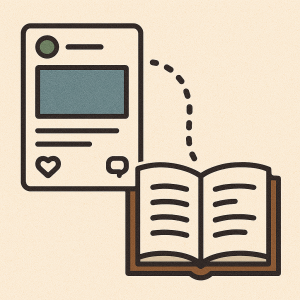 Illustration of a web page with a dotted line leading to a book.