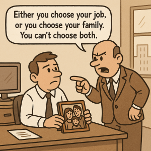 Cartoon of a man at work with a photo of his family. His boss is yelling at him "Either you choose your job, or you choose your family. You can't choose both."