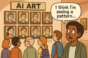 Cartoon of a wall called "AI Art" which is nothing but pictures of young white men. A non-white man is looking at it and saying "I think I'm seeing a pattern."