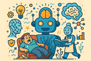 Cartoon of a Hodge-podge of images from this book, such as a robot, a brain, and a light bulb.