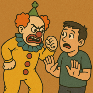 Cartoon an angry clown shaking a threatening fist at a man.