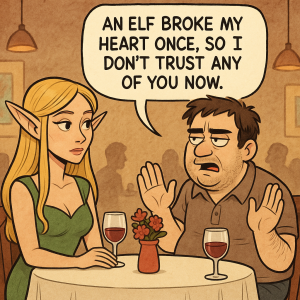 Cartoon of a man on a date with an elf. The man is holding his hands up in frustration and saying "An elf broke my heart once, so I don't trust any of you now." The illustration style is more detailed.
