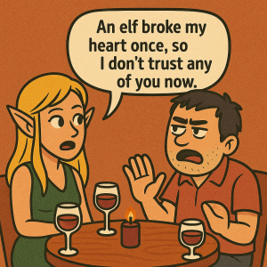 Cartoon of an elf and an angry, unkempt man on a date. The elf is saying "An elf broke my heart once, so I don't trust any of you now." There are three glasses of wine on the table and one of the man's hands is a claw.