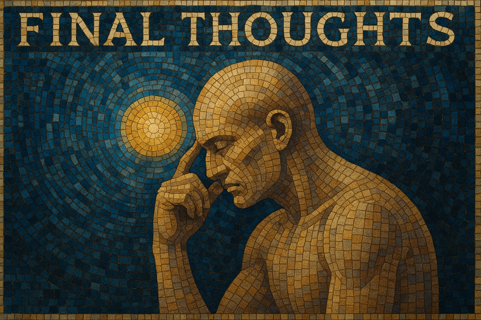 Mosaic style banner of a man thinking below the words Final Thoughts.