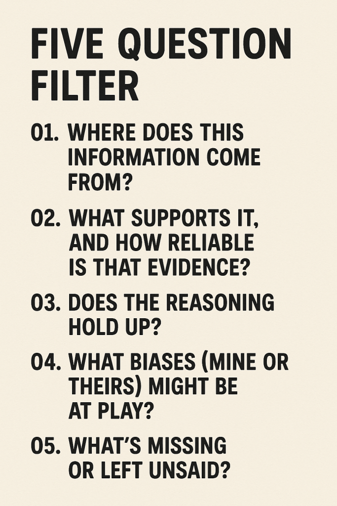 Five Question Filter. One: where does this information come from? Two: What supports it, and how reliable is that evidence? Three: Does the reasoning hold up? Four: What biases (mine or theirs) might be at play? Five: What's missing or left unsaid?