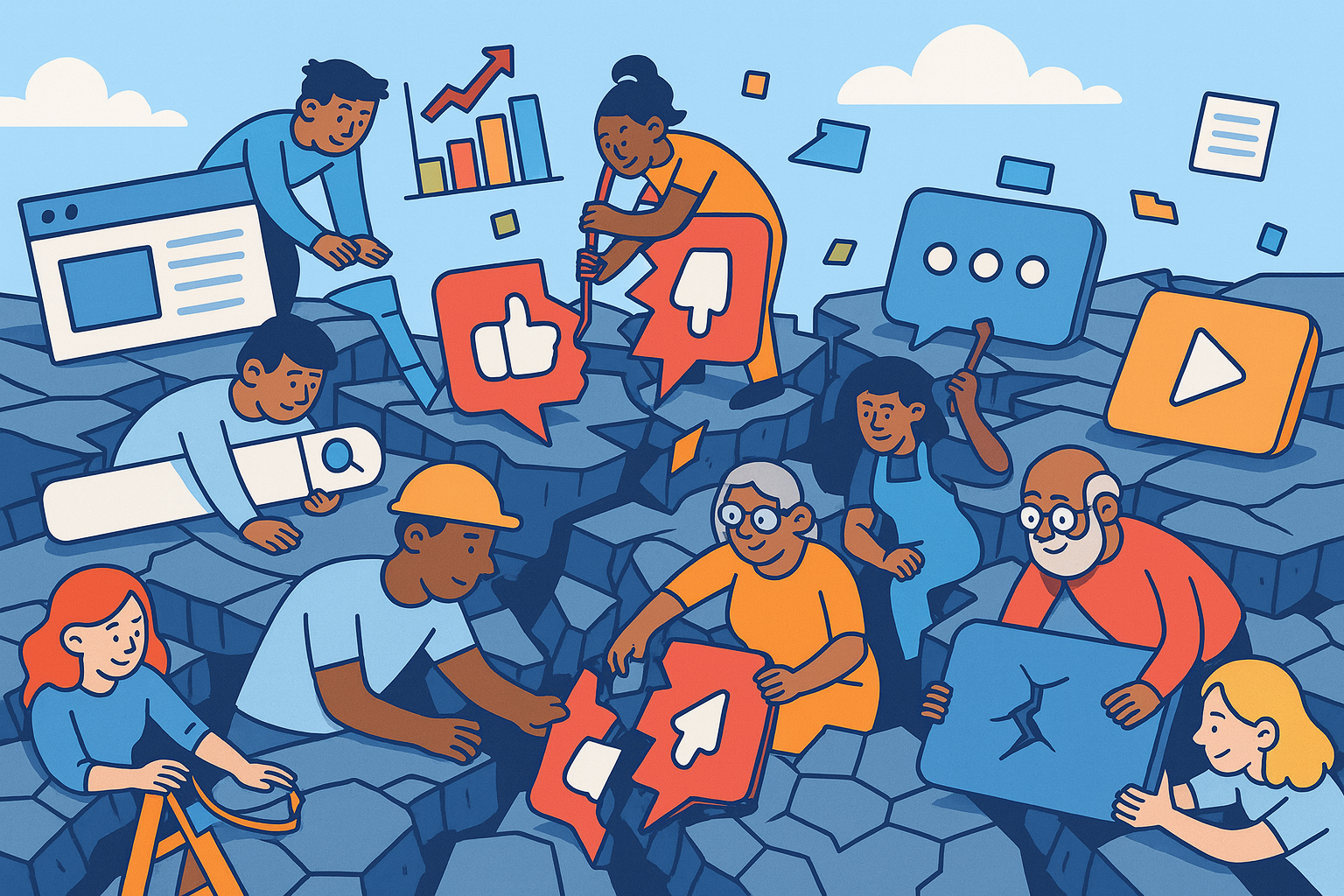 Illustration of a variety of people happily working together to repair the fractured digital landscape, represented by a cracked ground and broken symbols of technology.