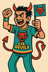 Cartoon of a rabid fan in devil horns wearing a shirt that says "Lil Devils" and holding a flag with a devil head on it. Two devil tails are coming out of his back.
