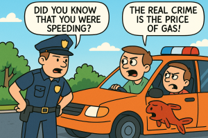 Cartoon of a police officer pulling over an angry driver. The police officer is saying "Did you know that you were speeding?" and the driver is leaning through where the windshield should be and responding with "The real crime is the price of gas!" The driver's car has police lights, another person who looks exactly like the driver is also in the car, and a mutated red fish is floating next to them.