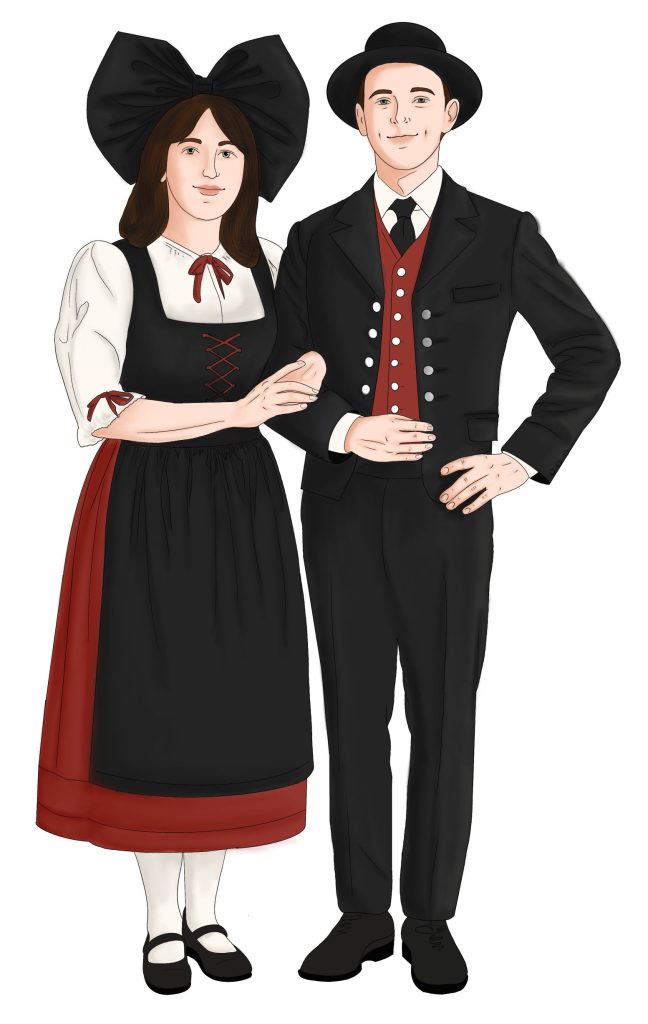 Picture of Alsacian costumes. Woman has a big headress and is wearing a dress with lacing up the front. TH eman is wearing a red vest and black jacket with shiny buttons