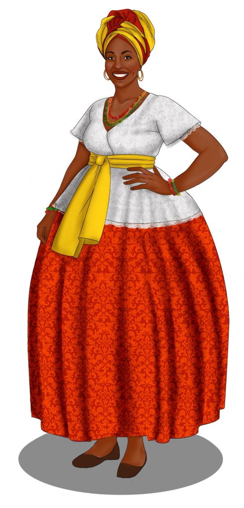 Picture of a woman with a turban, a white shirt, yellow belt and a very large hoop skirt