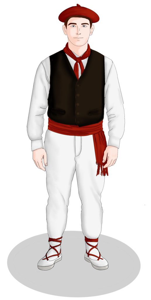 Man in white pants, black vest with a red cummerbund and red neckerchief.
