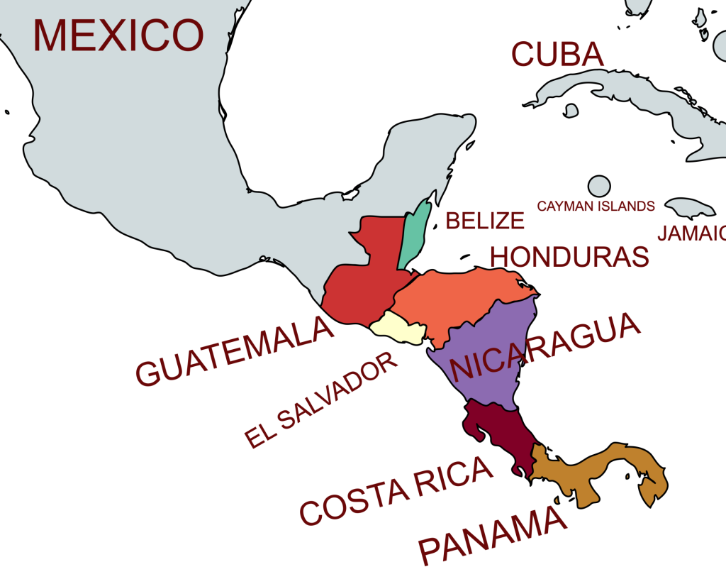 Map showing the location of the main countries in central America (Guatemala, El Salvador, Costa Rica, Panama, Belize, Honduras and Nicaragua)