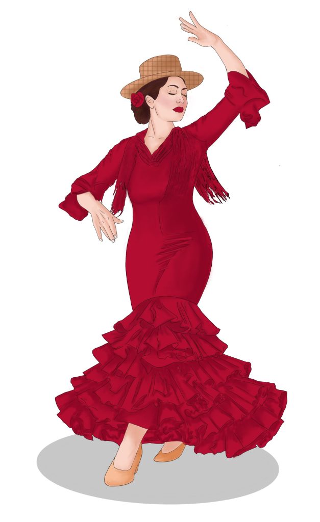 Flamenco dancer with hands raised, wearing a shawl and a ruffled dress