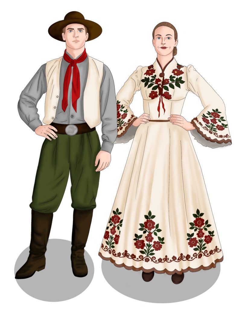 Woman in long white dress with colorful embroidery around base and on the sleeves. Man has on a wide had a green shirt a red bandana and a tan vest.
