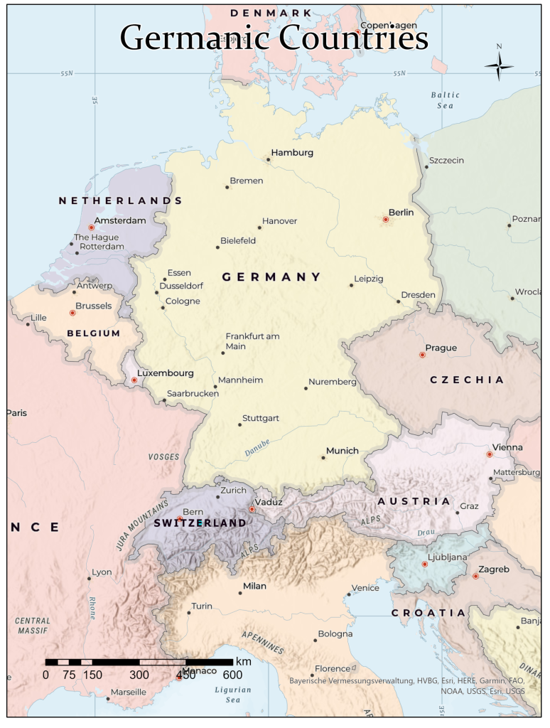 Figure 9.9: Map of the non-Scandinavian Germanic countries, with the Low Countries on the Atlantic and the Central Germanic countries in the middle
