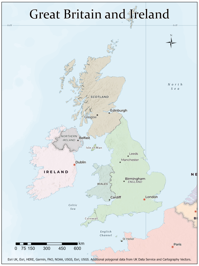 Map of Great Britain and Ireland, showing Cornwall, England, Scotland, Ireland and Wales