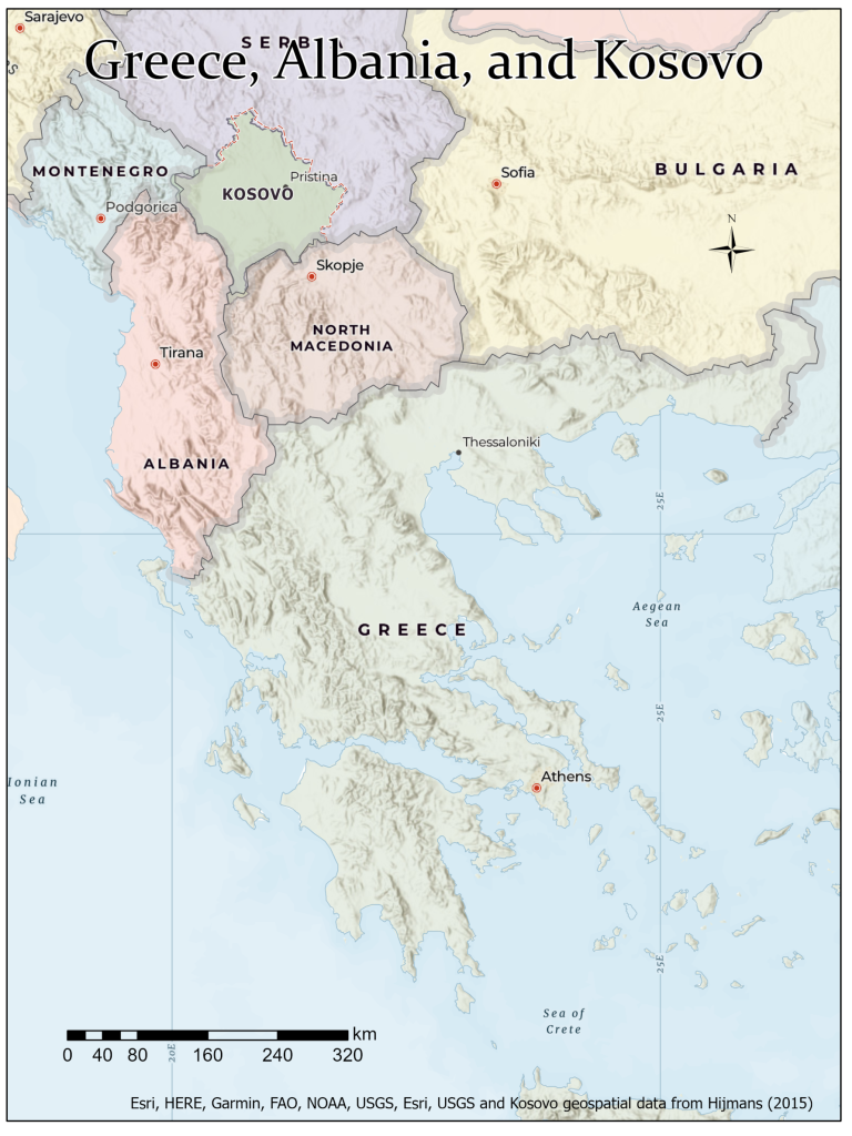Figure 12.1: Map of Greece, Albania, and Kosovo
