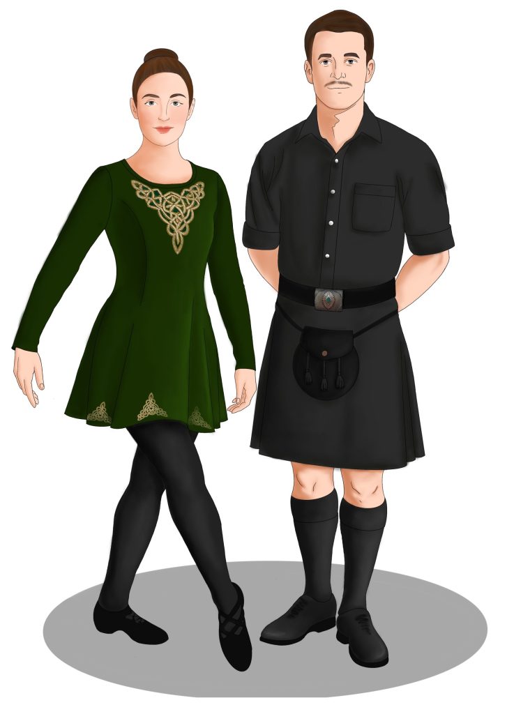 A man and woman in traditional Irish step dancing costumes