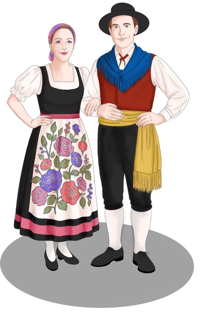 woman in black dress with pastel colored apron. Man in britches, with a gold cummerbund and blue and red vest