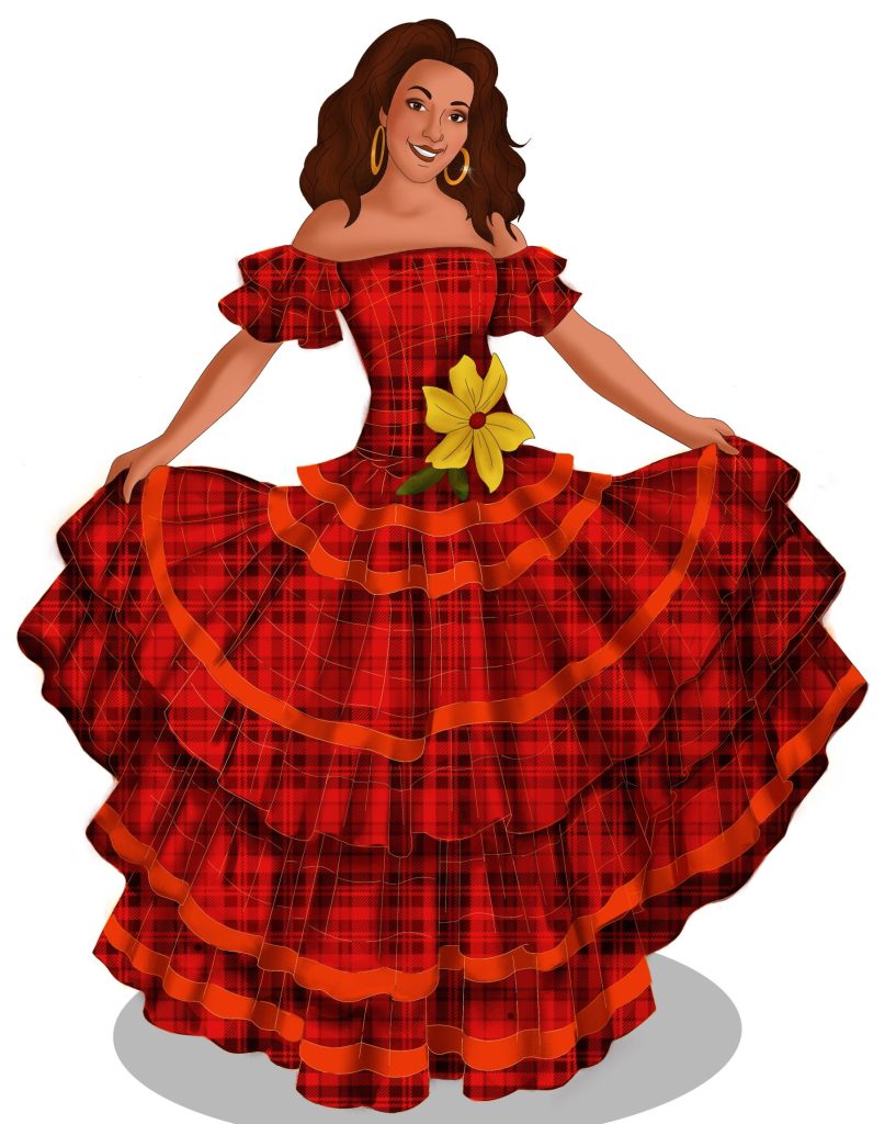 woman in a large frilly dress with voluminous skirts in a red plaid. She has a large yellow flower at her waist.