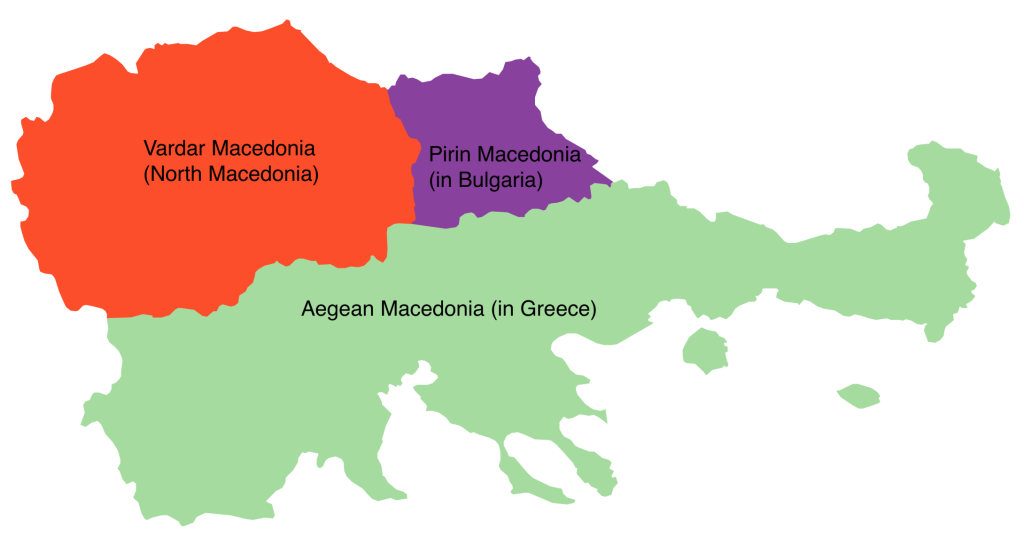 Figure 13.2: Map of the three regions of traditional Macedonia and the modern countries that they are in