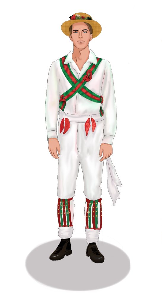 Man in Morris Dance Costume, wearing mostly white, with red accents. A crossed harness at chest and bells on shins. Holding a Handkerchief.
