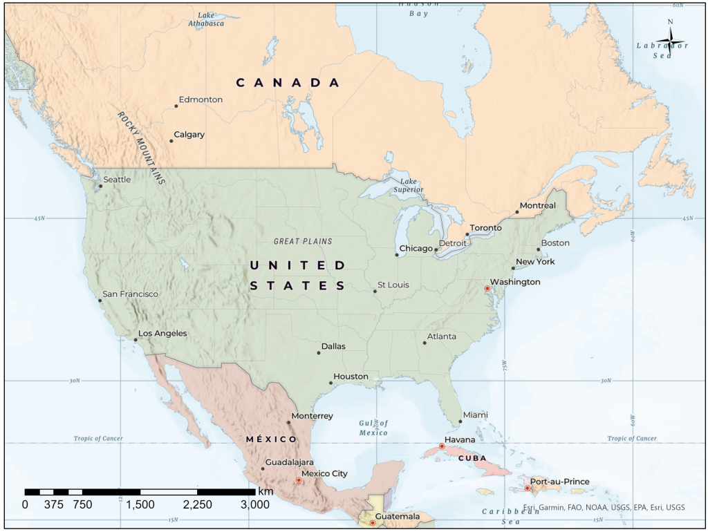 Map of North America showing primarily the USA and Canada