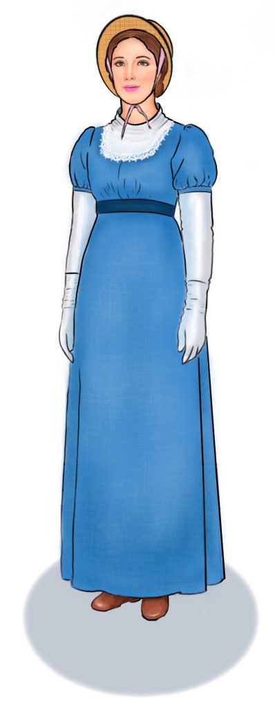 Picture of woman in a long blue dress with an empire waist, wearing white gloves.