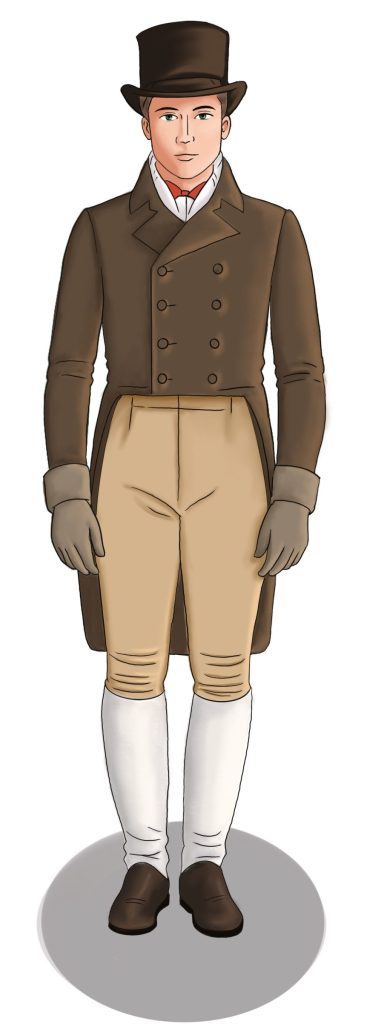 Man in an an early 19th century costume including a tail coat, gloves, short riding pants and long socks