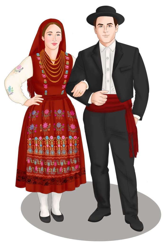 Woman in red skirt, apron with a red vest and headscarf. Man in Black pants and jacket with red cummerbund