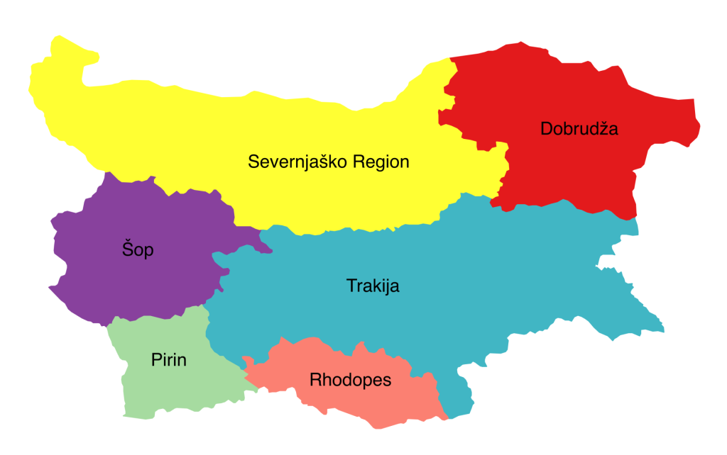 The rough extent of the major ethnographic regions of Bulgaria