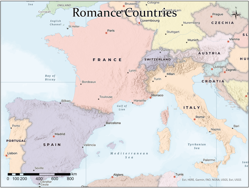 Map of France, Spain, Portugal, and Italy
