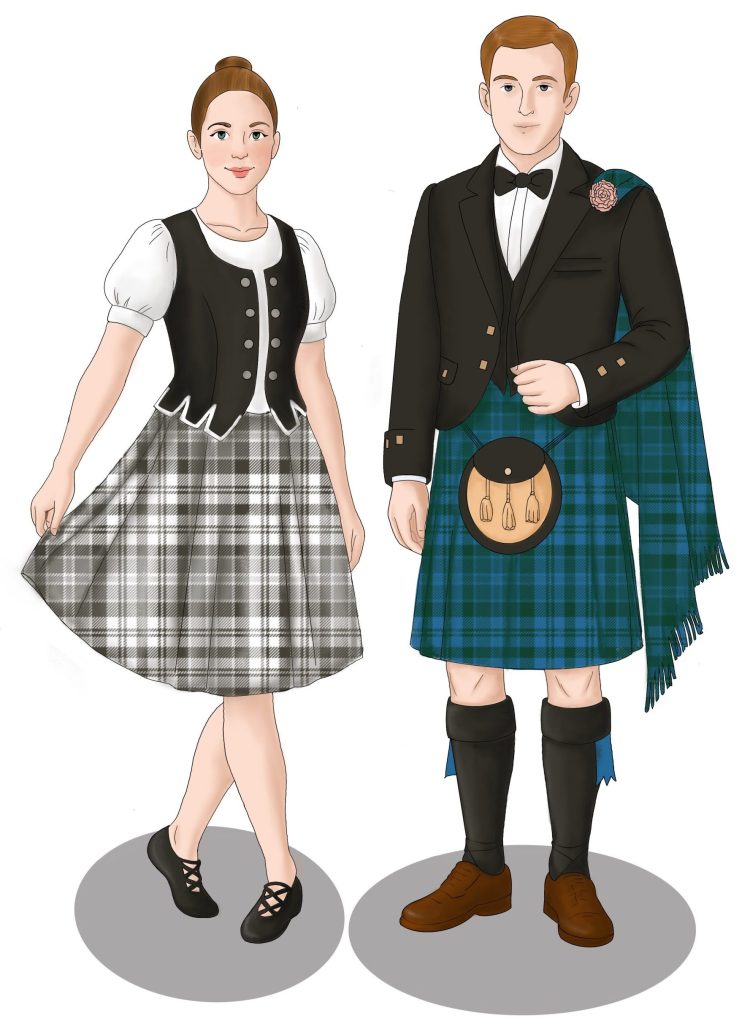 A picture of a woman in a tartan skirt and black bodice and a man is wearing a green tartan kilt and plaid and a black formal jacket and tie.