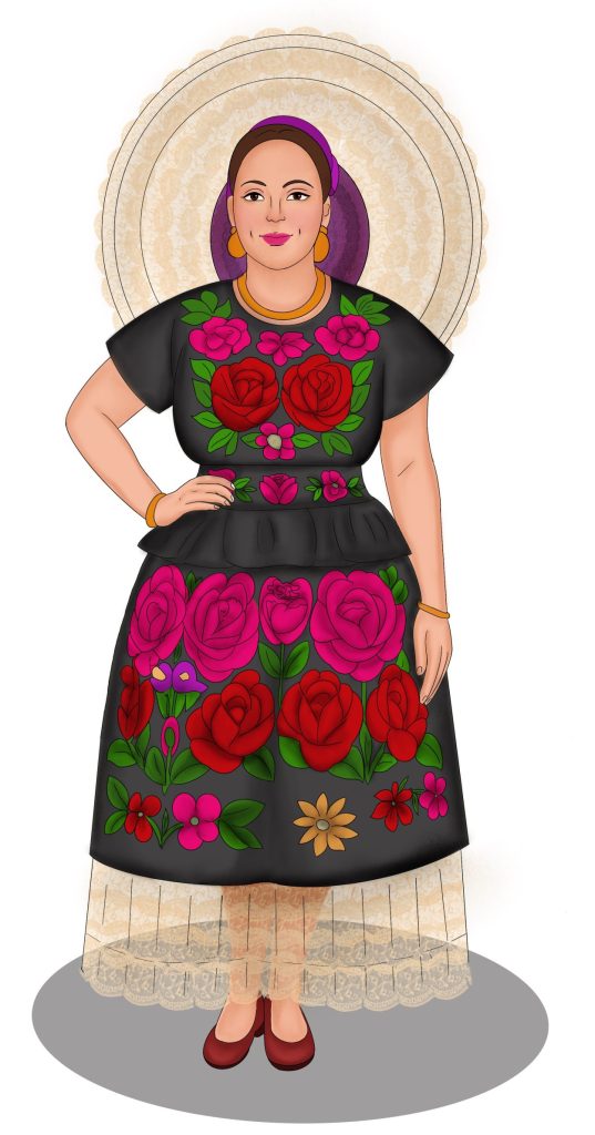 Green dress with large red floral embroidery. Head is framed by a lace circle