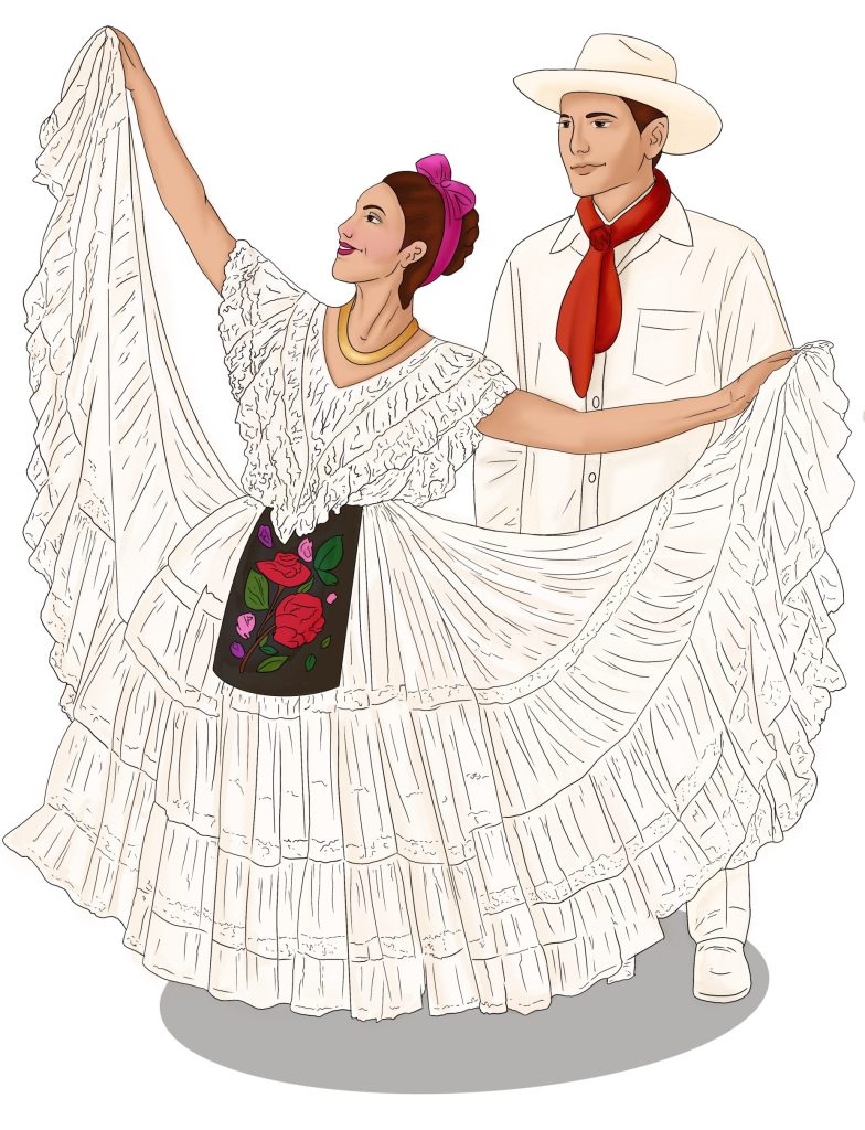 Couple wearing white clothes. The woman has a large white skirt which she is holding up to the sides. She has a short floral apron on. Man is standing behind her with a white hat, white shirt and pants and a red bandana