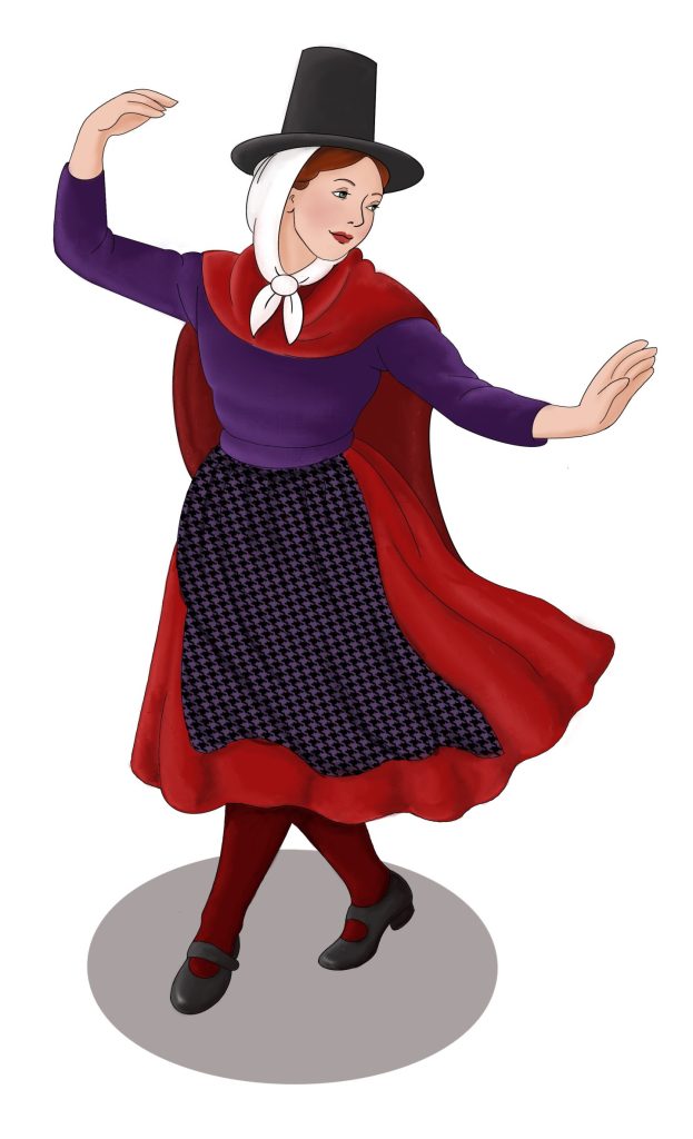 Woman wearing traditional Welsh clothing including a pointed had a dark colored skirt and a cape.