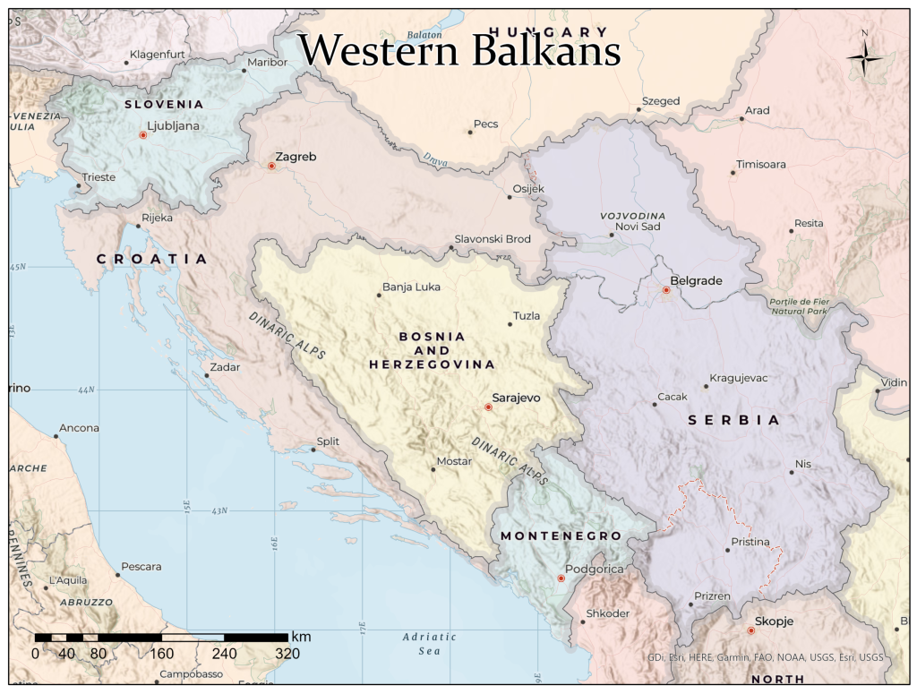 Map showing Slovenia, Croatia, Bosnia and Hercegovina, Serbia, Montenegro