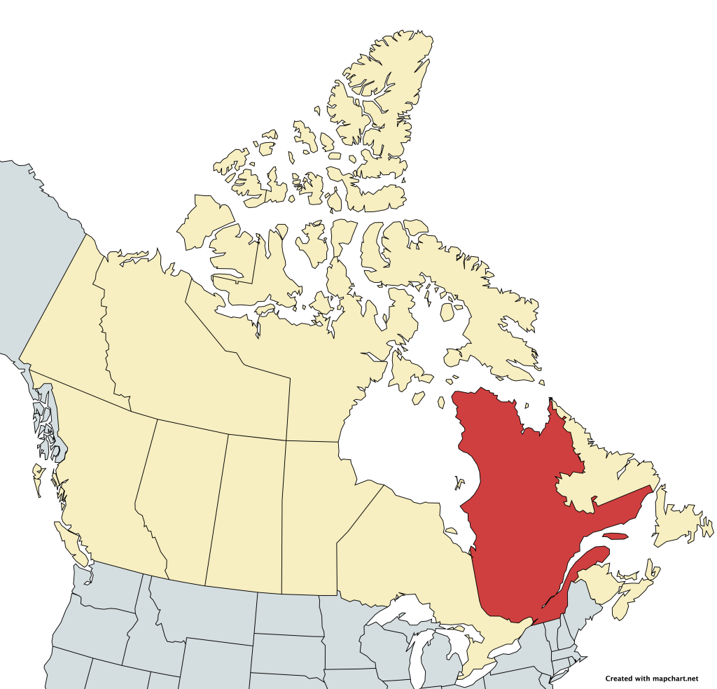 Map showing the position of Quebec in Canada